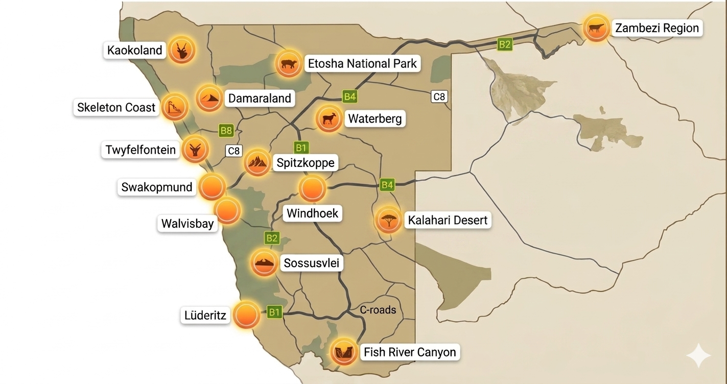 Destinations map of Namibia